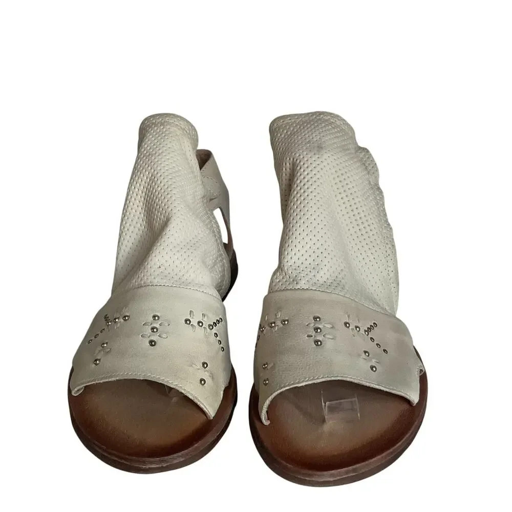 Miz Mooz Fifi Wide Leather Sandals Linen EU 39 US 8.5 Studded Ankle Strap